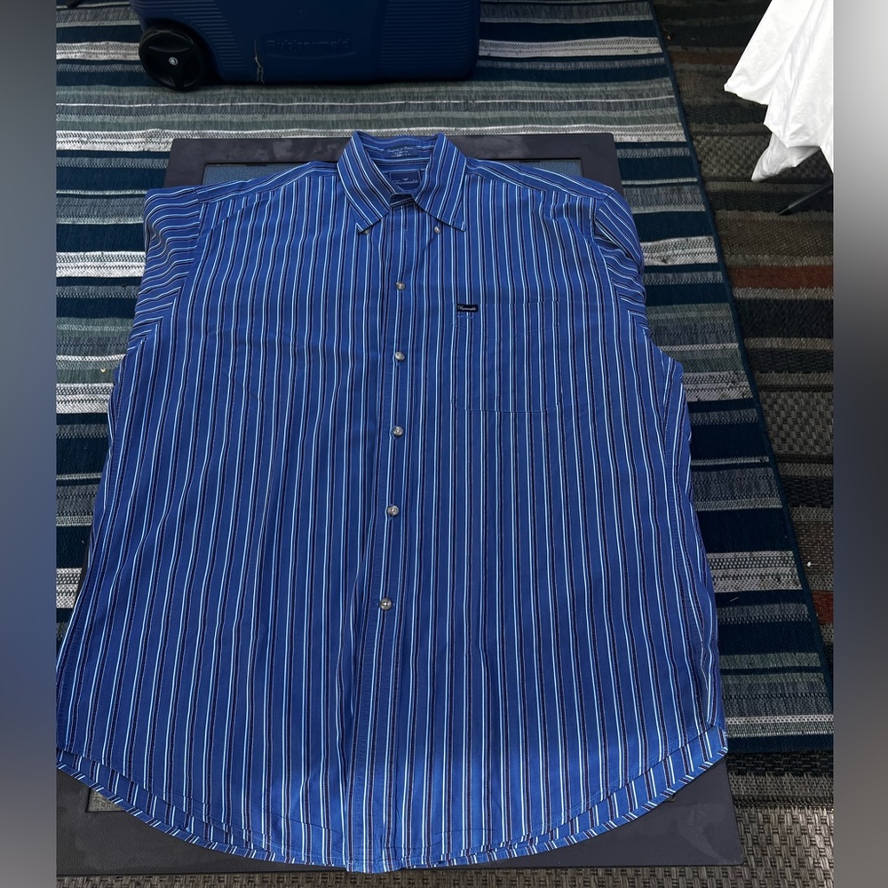 Faconnable Shirt Men Large ButtonUp NavyBlue ClubStripe Dress Casual Made in USA